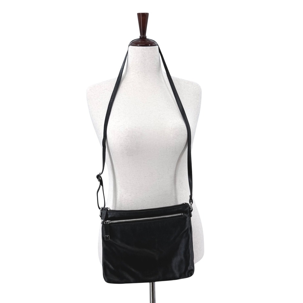Margot New York Black Leather Crossbody Bag Silver Double Zip Slim Bag